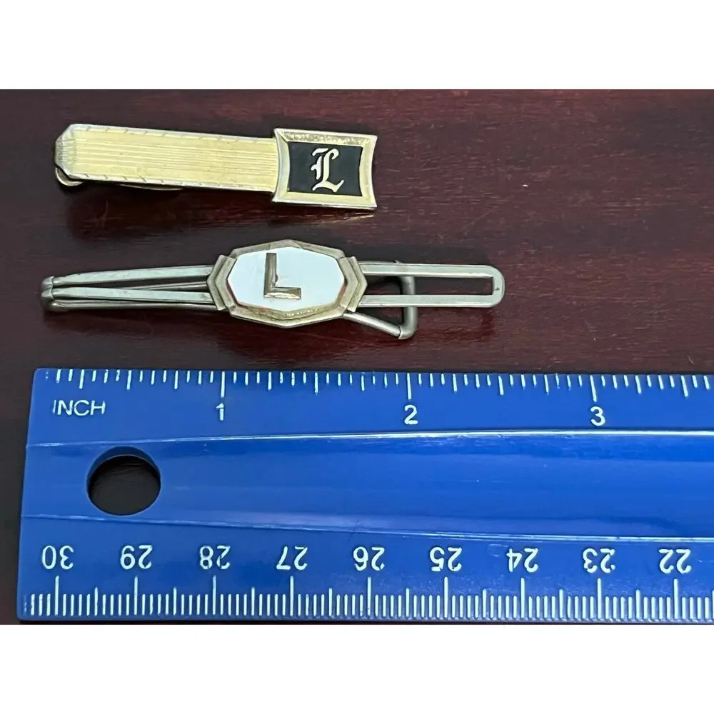 VTG Tie Clips Initial L Gold Tone Hickok Silver Tone Mother of Pearl Inlay